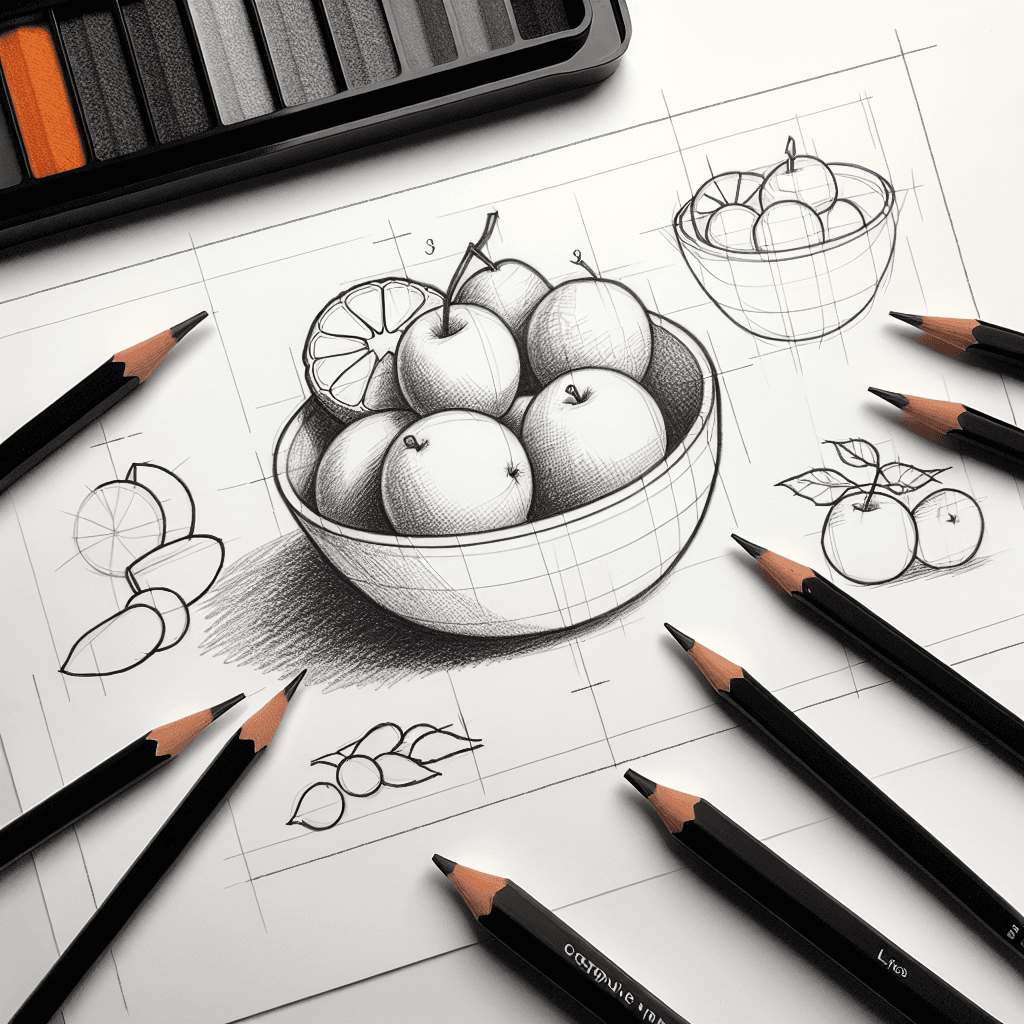 Reference pencil sketch demonstrating how to draw a fruit bowl