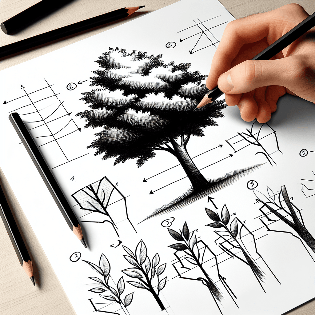Reference pencil sketch demonstrating how to draw a tree with leaves