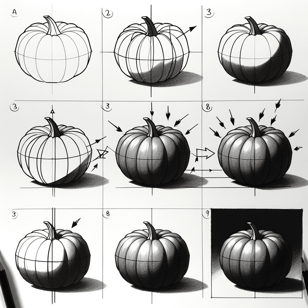 Reference pencil sketch demonstrating how to draw a pumpkin
