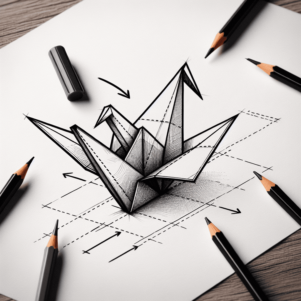 Reference pencil sketch demonstrating how to draw a folded paper crane
