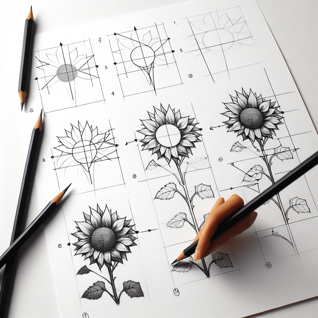 Reference pencil sketch demonstrating how to draw a sunflower