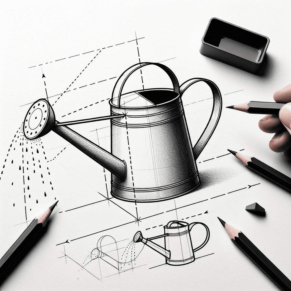 Reference pencil sketch demonstrating how to draw a watering can