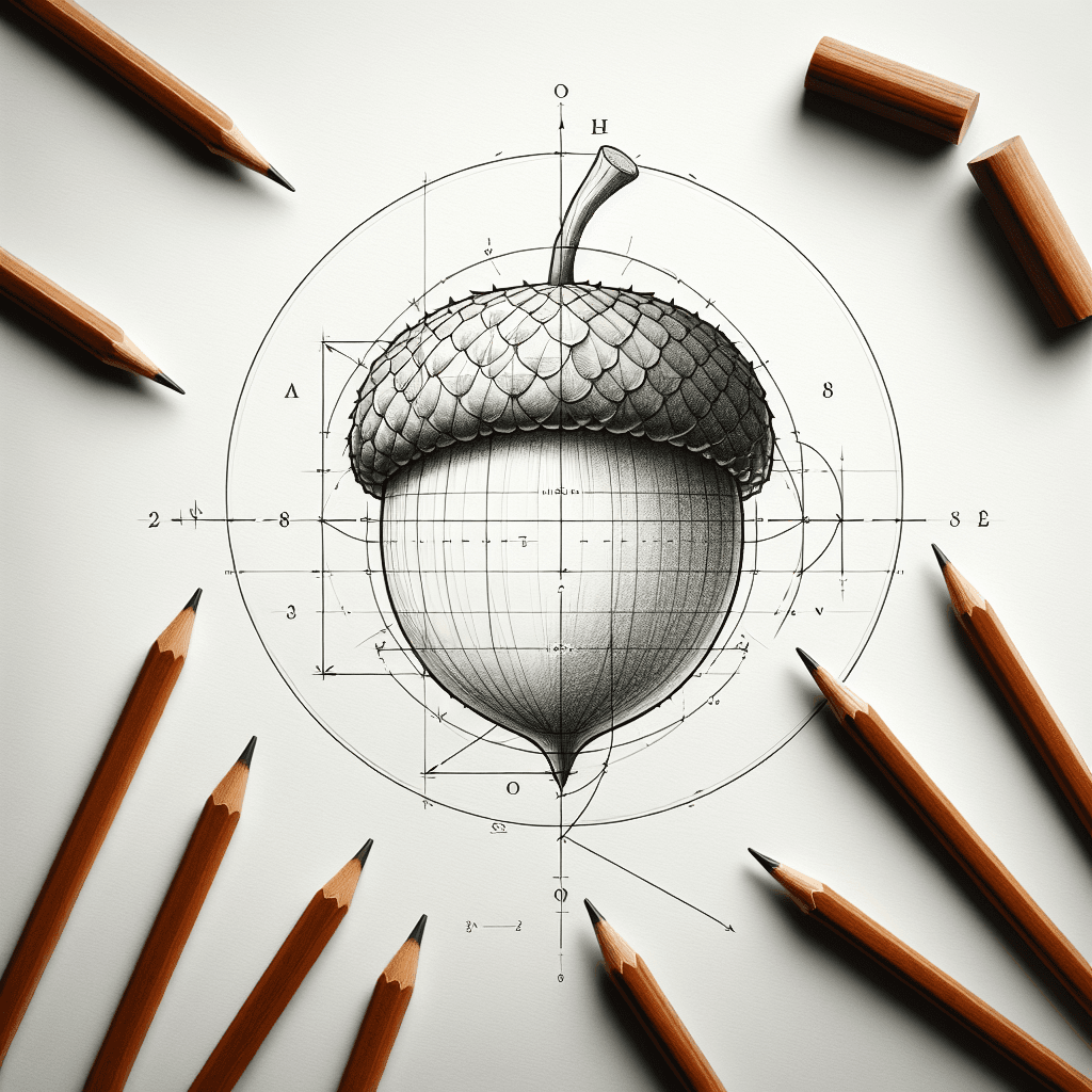 Reference pencil sketch demonstrating how to draw an acorn