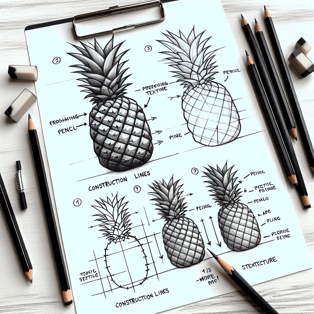 Reference pencil sketch demonstrating how to draw a pineapple