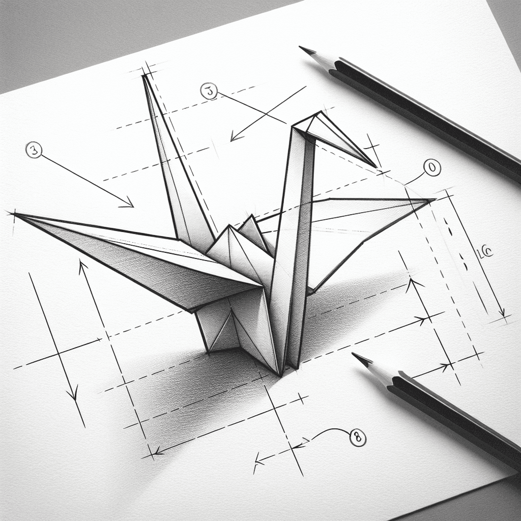 Reference pencil sketch demonstrating how to draw an origami crane