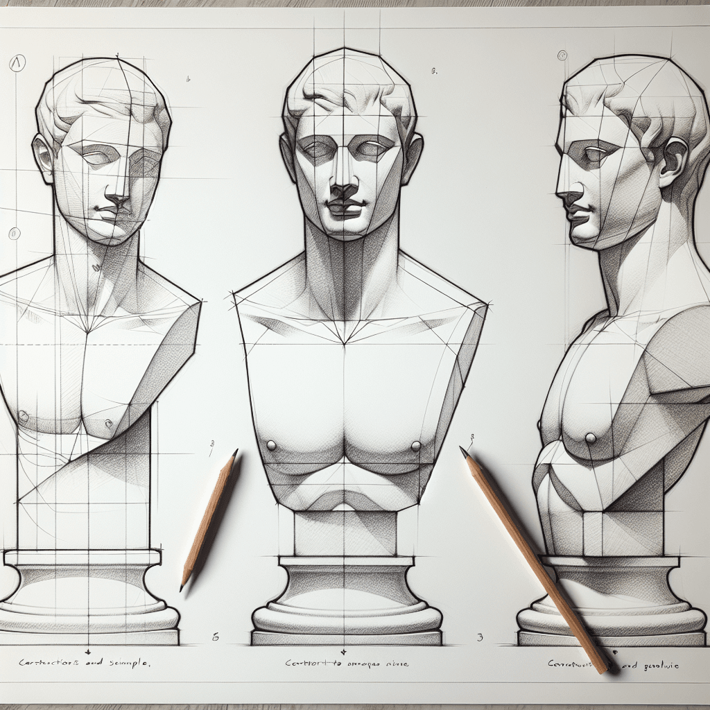 Reference pencil sketch demonstrating how to draw a sculpture bust