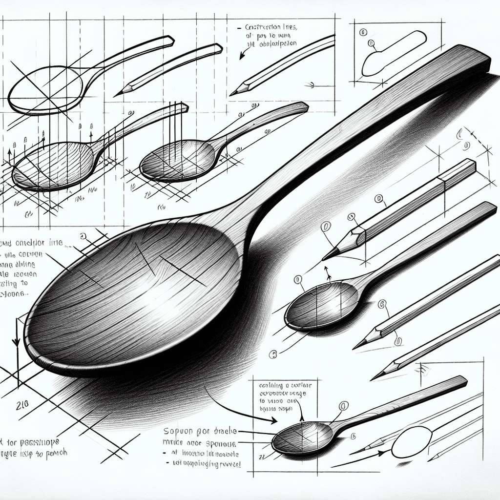 Reference pencil sketch demonstrating how to draw a wooden spoon