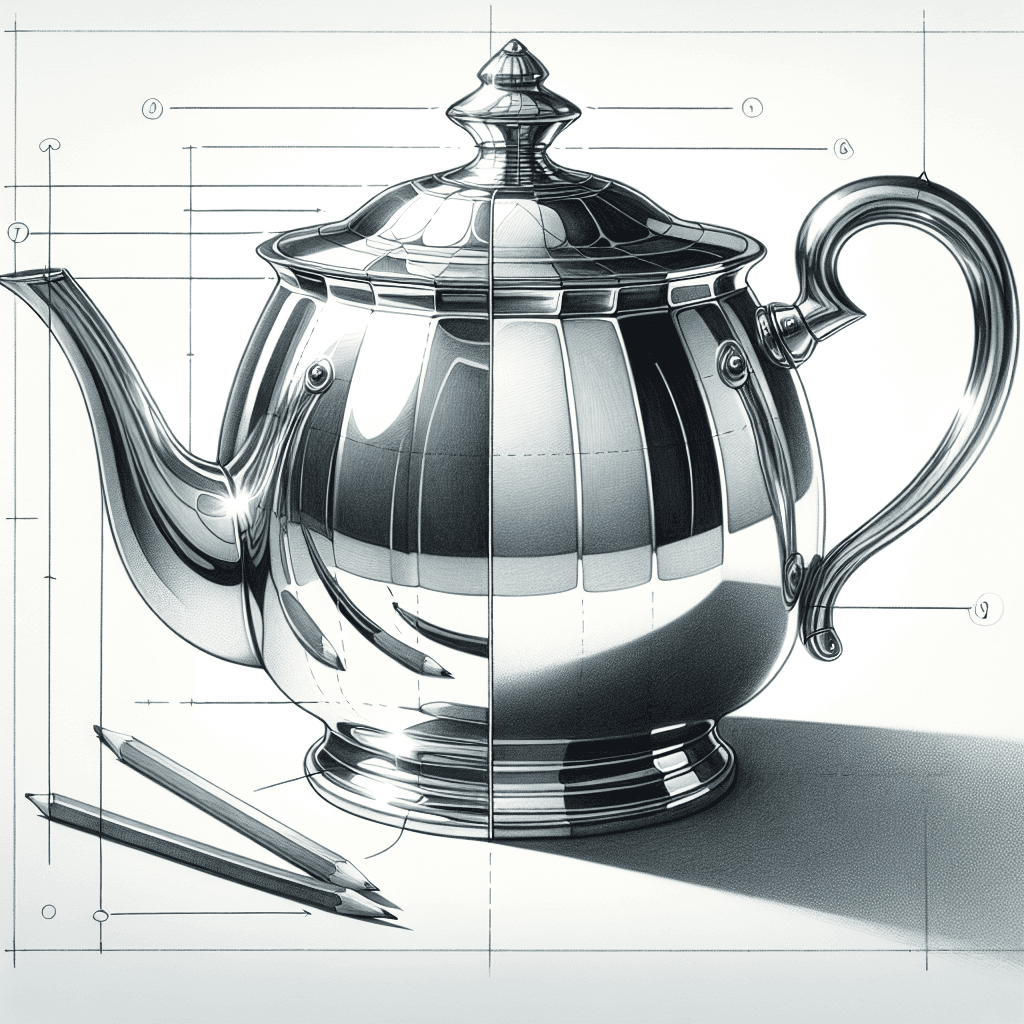 Reference pencil sketch demonstrating how to draw a silver teapot