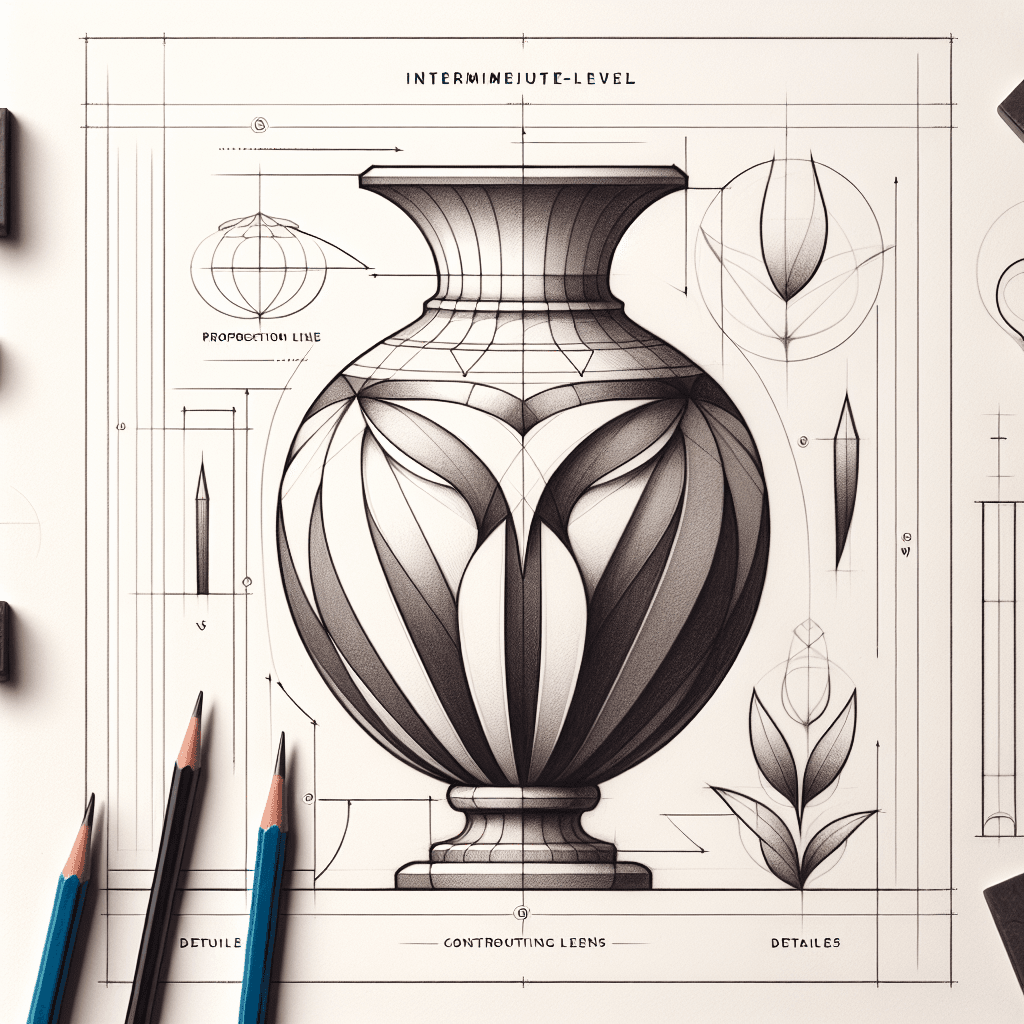 Reference pencil sketch demonstrating how to draw a decorative vase