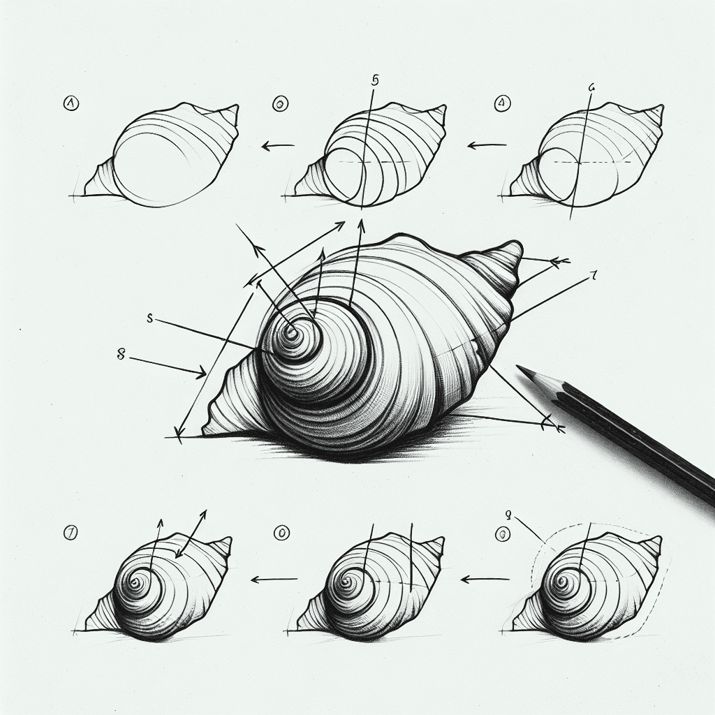 Reference pencil sketch demonstrating how to draw a seashell
