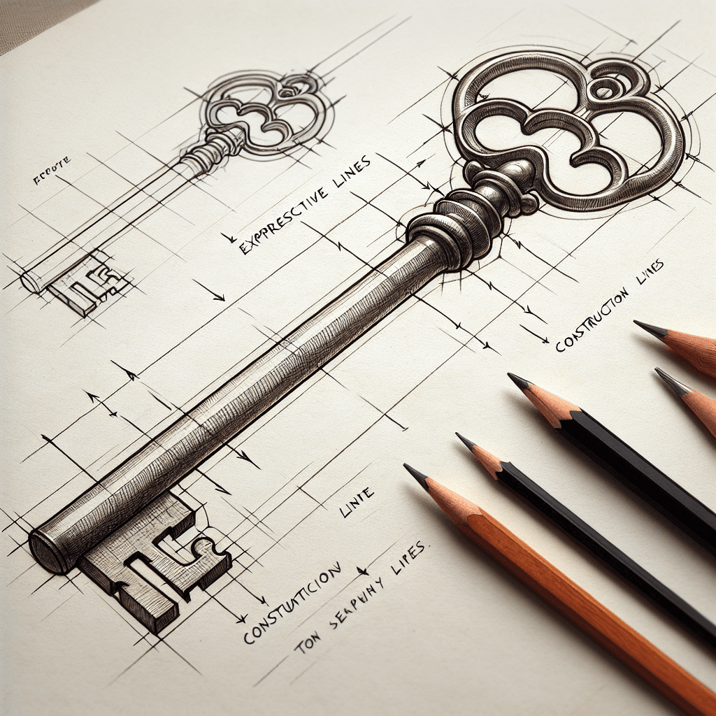 Reference pencil sketch demonstrating how to draw a vintage key