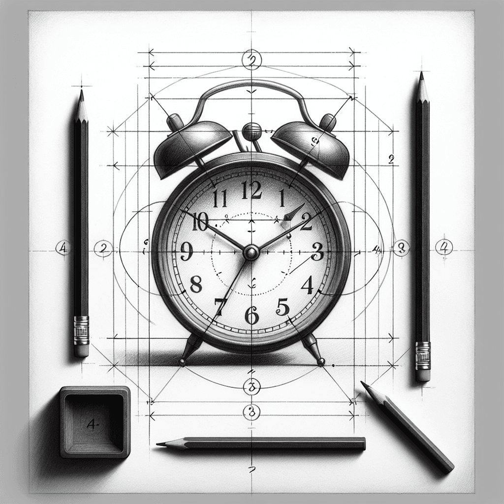 Reference pencil sketch demonstrating how to draw an alarm clock