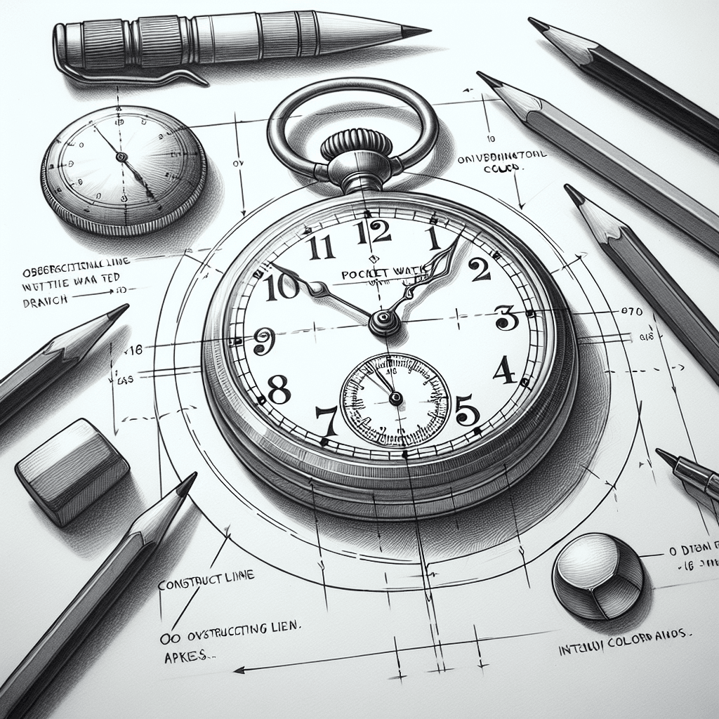 Reference pencil sketch demonstrating how to draw a pocket watch