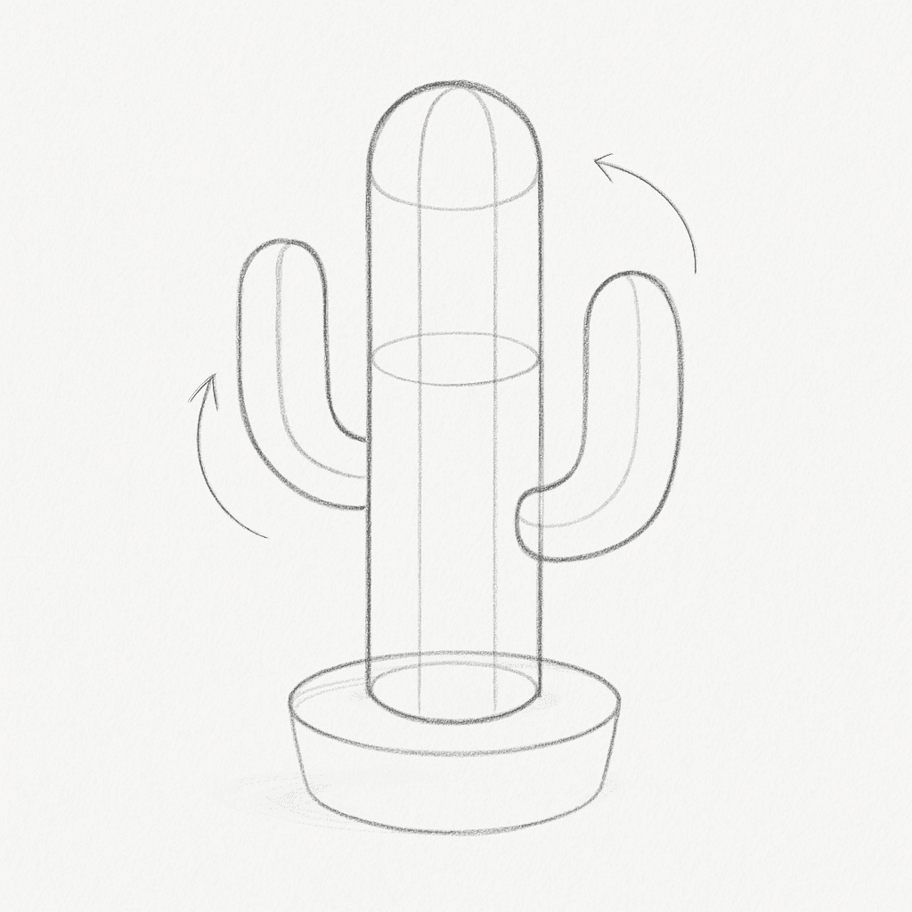 Reference pencil sketch demonstrating how to draw a cactus