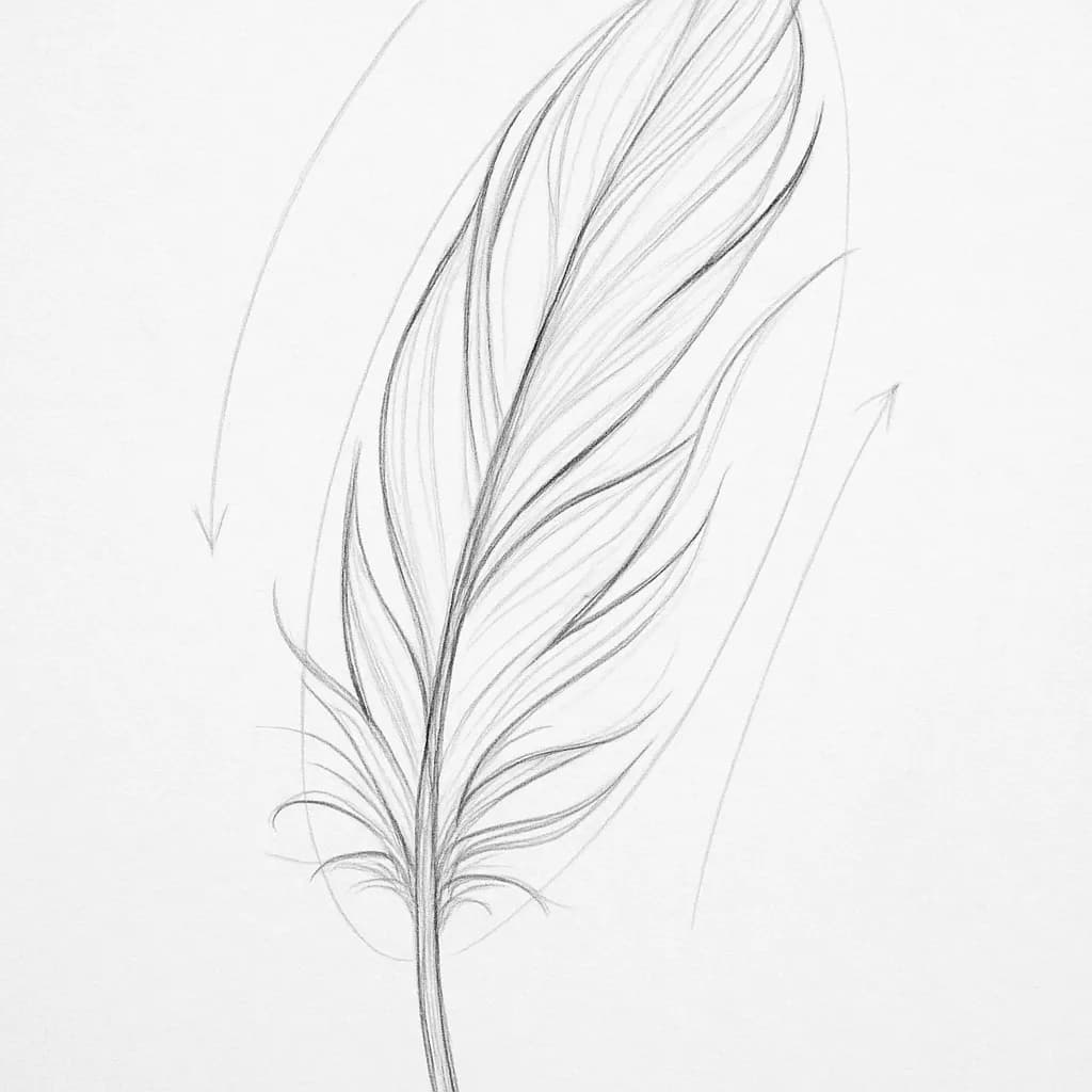 Reference pencil sketch demonstrating how to draw a feather