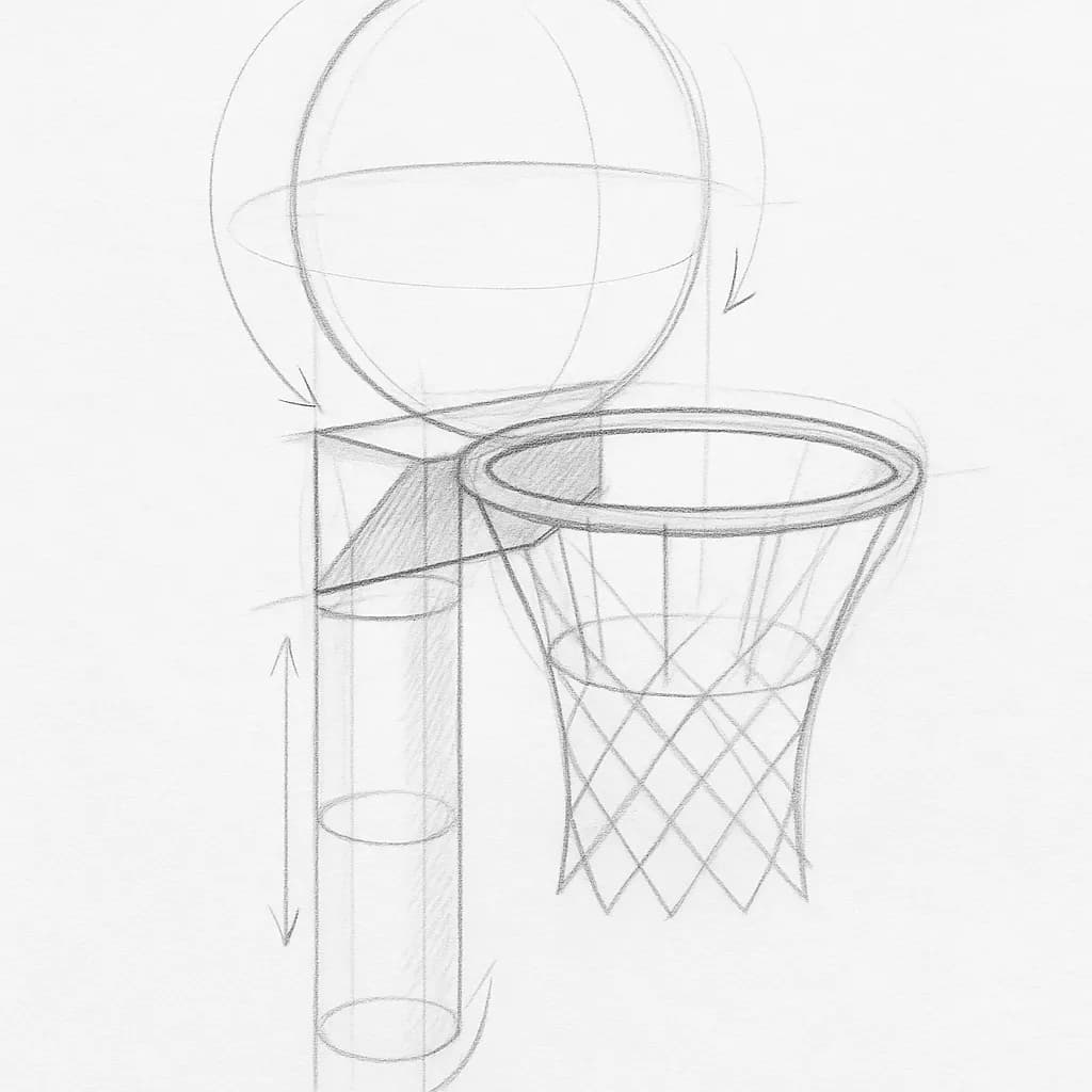 Reference pencil sketch demonstrating how to draw a basketball hoop