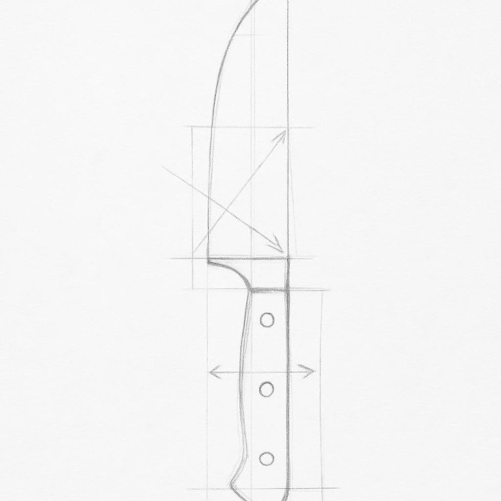 Reference pencil sketch demonstrating how to draw a kitchen knife