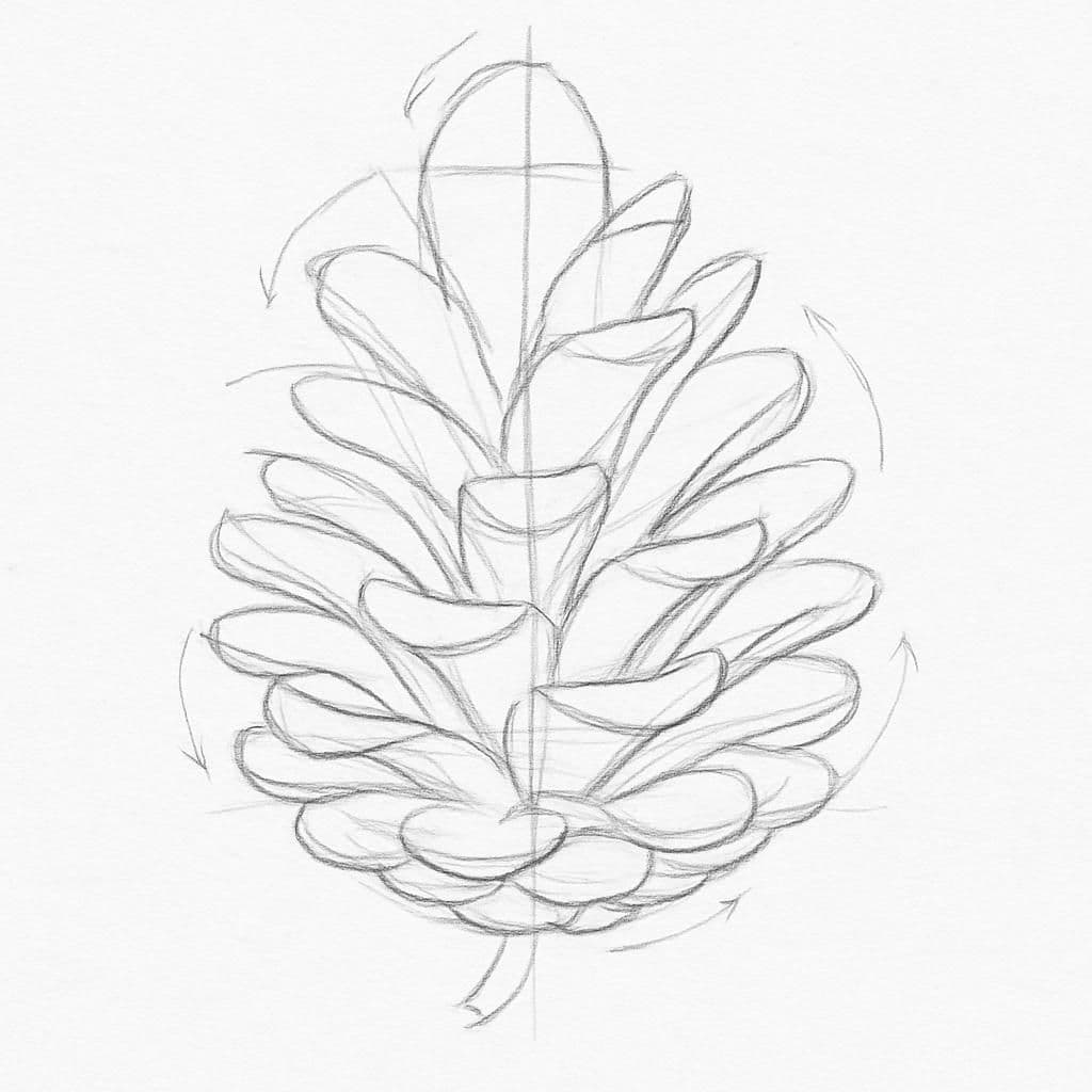 Reference pencil sketch demonstrating how to draw a pinecone