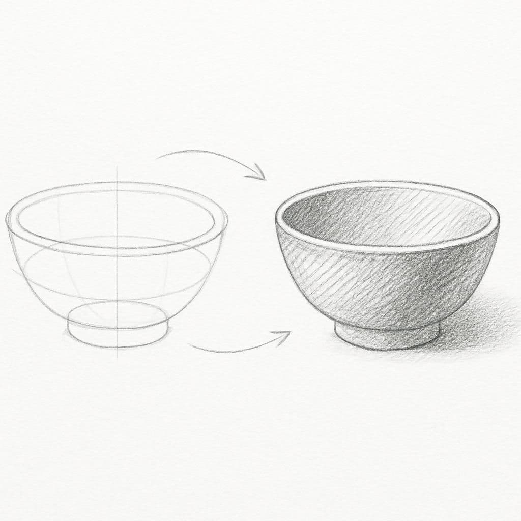 Reference pencil sketch demonstrating how to draw a ceramic bowl