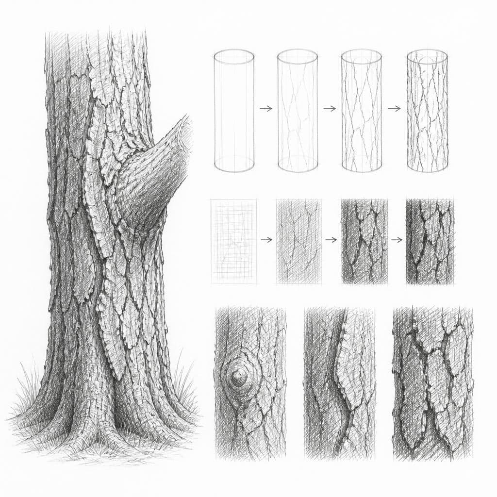 Reference pencil sketch demonstrating how to draw a tree bark