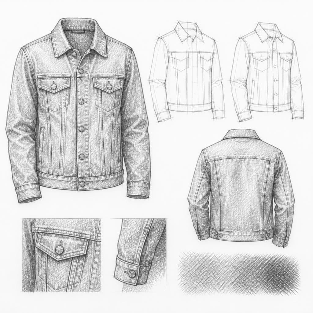 Reference pencil sketch demonstrating how to draw a denim jacket