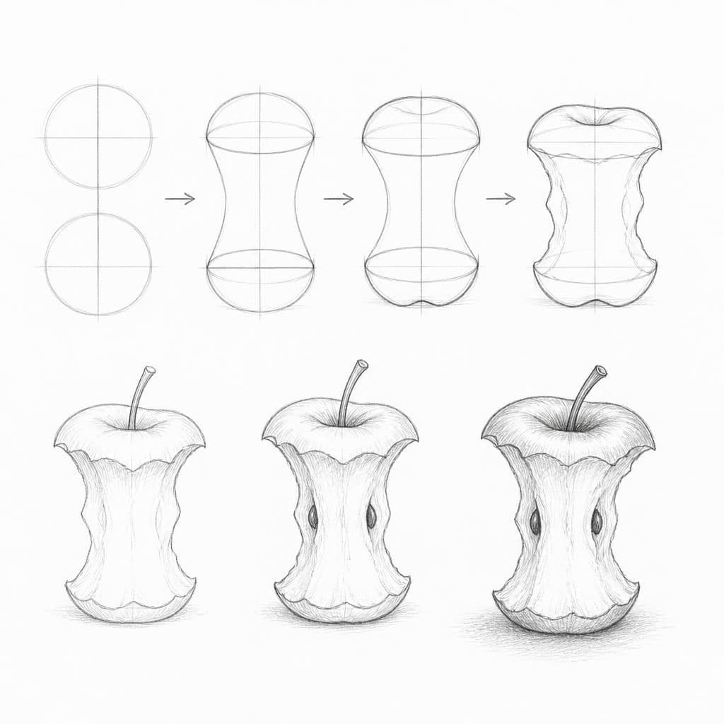 Reference pencil sketch demonstrating how to draw an apple core