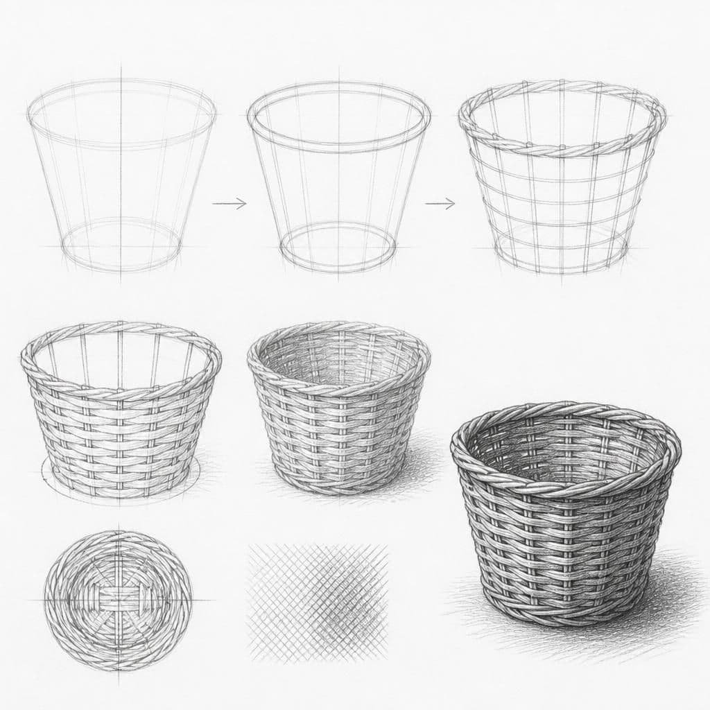 Reference pencil sketch demonstrating how to draw a wicker basket