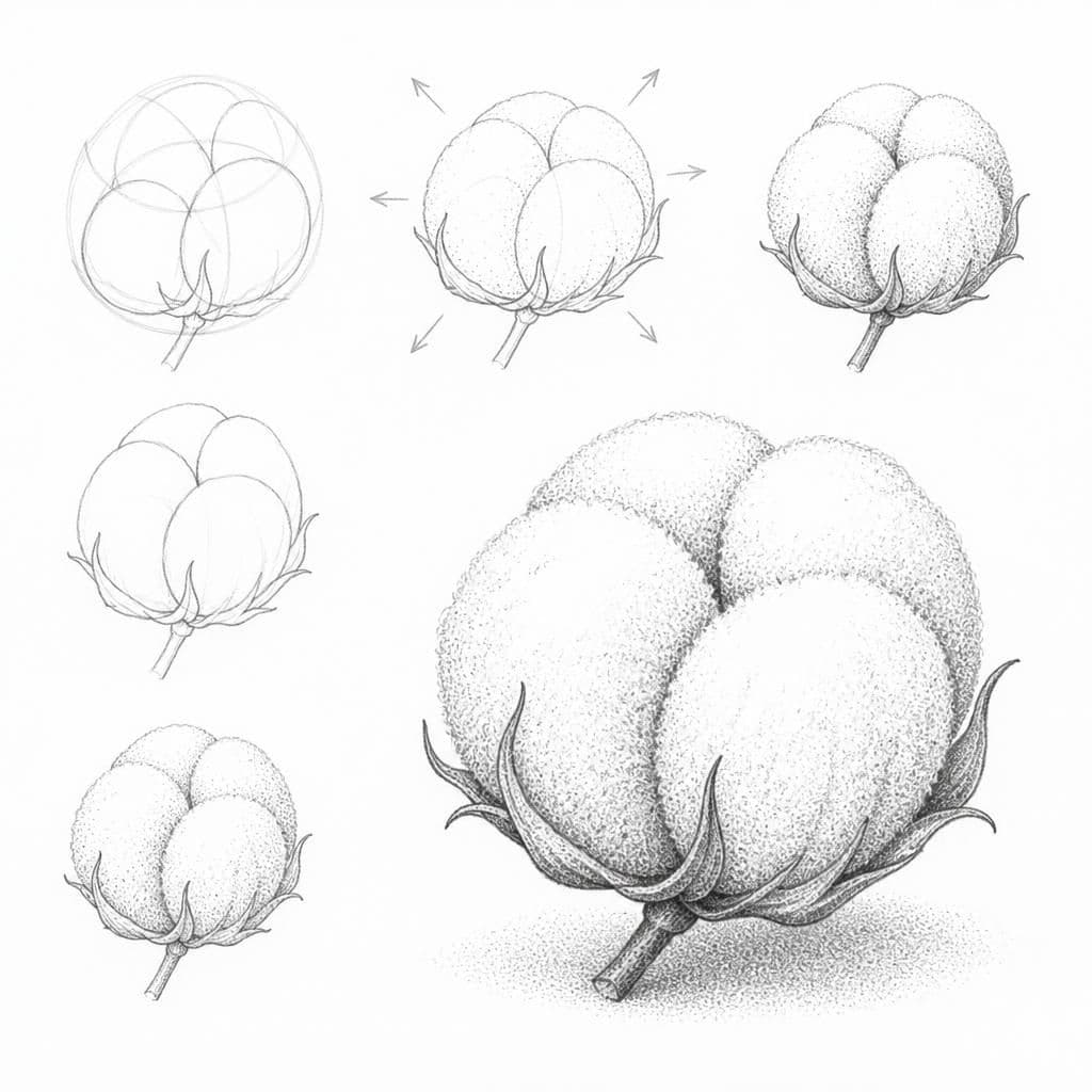 Reference pencil sketch demonstrating how to draw a cotton ball
