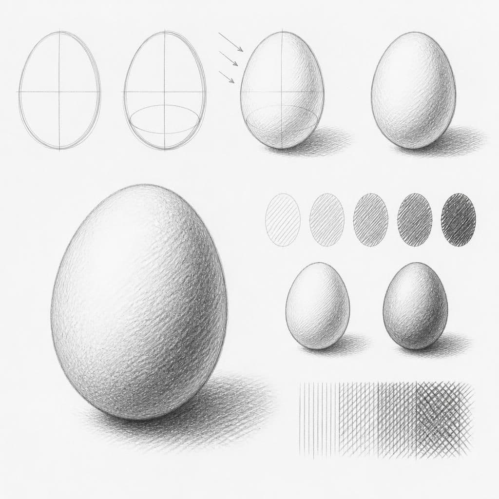 Reference pencil sketch demonstrating how to draw an egg