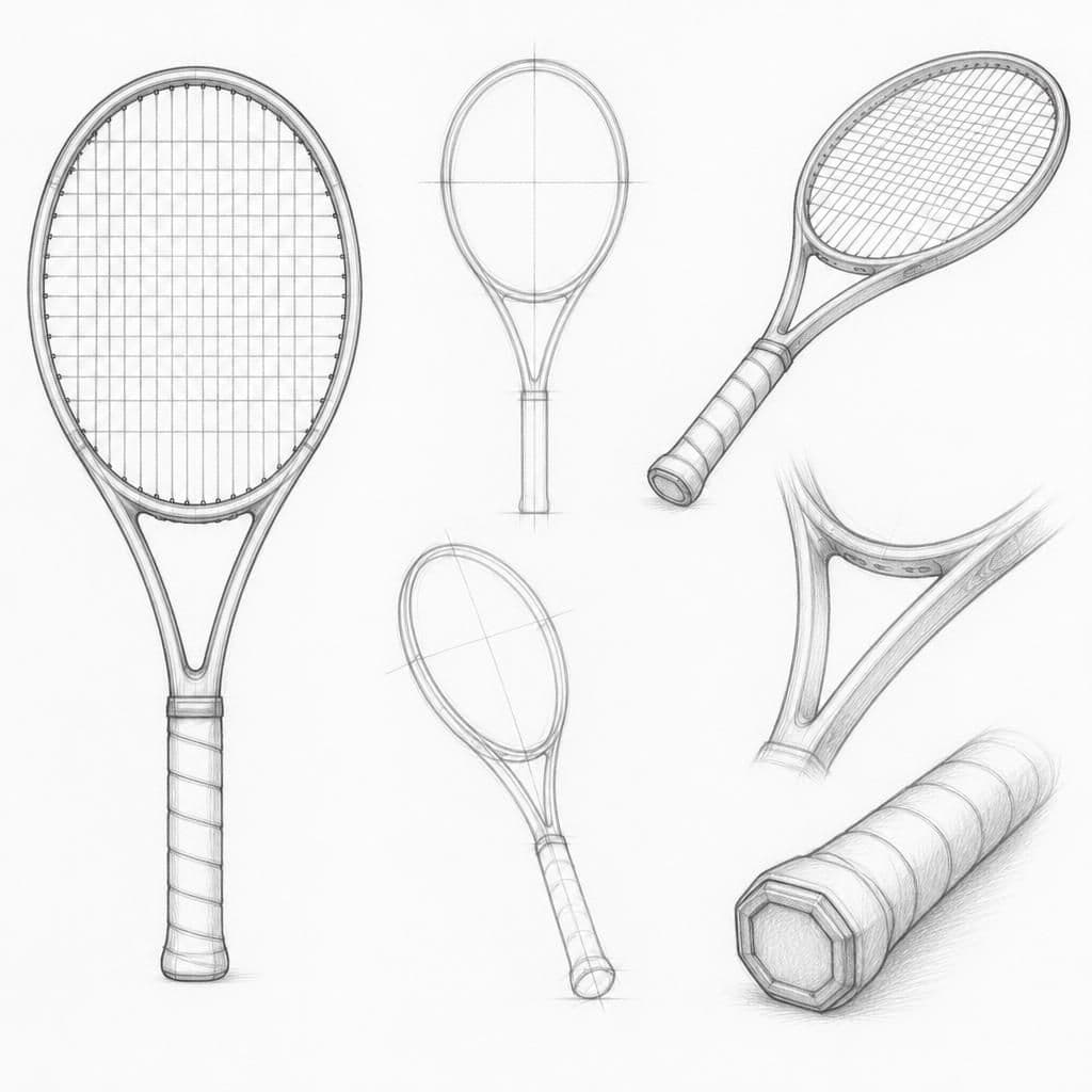 Reference pencil sketch demonstrating how to draw a tennis racket