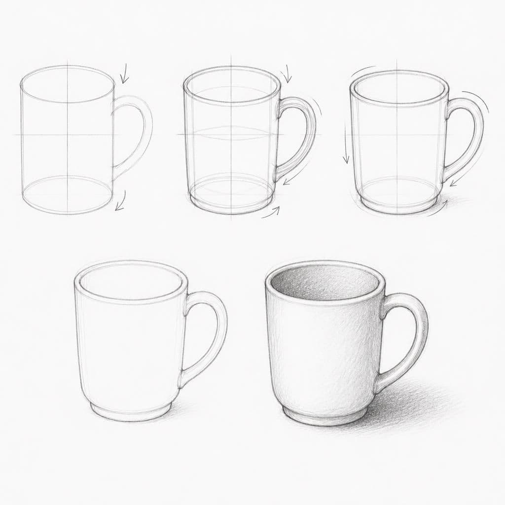 Reference pencil sketch demonstrating how to draw a ceramic mug