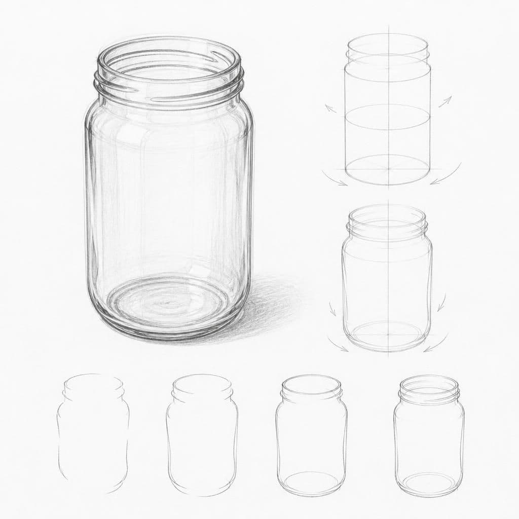 Reference pencil sketch demonstrating how to draw a glass jar
