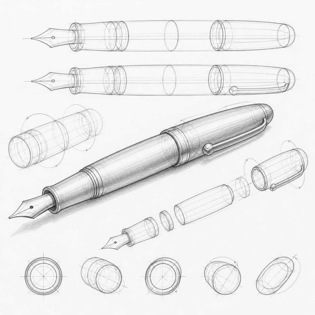 Reference pencil sketch demonstrating how to draw a fountain pen