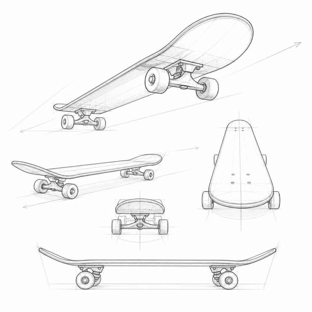 Reference pencil sketch demonstrating how to draw a skateboard