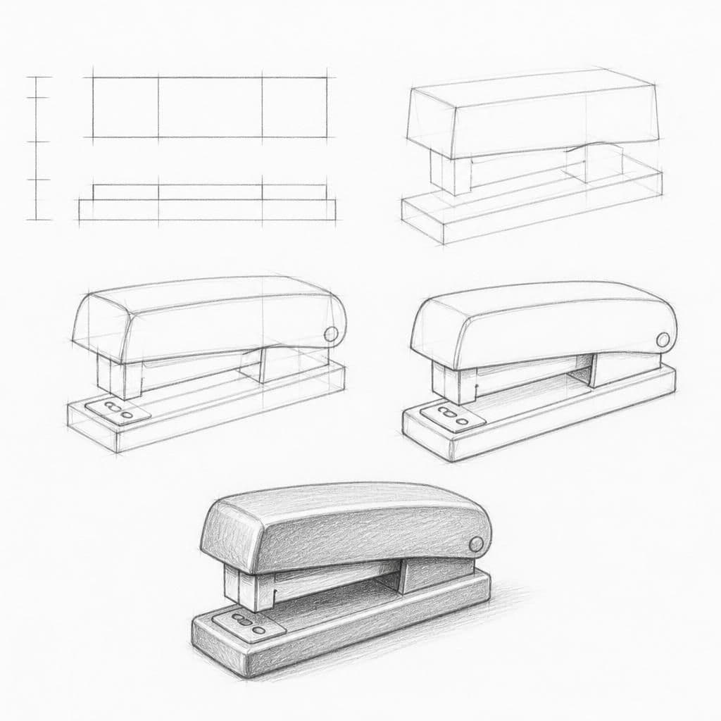 Reference pencil sketch demonstrating how to draw a stapler