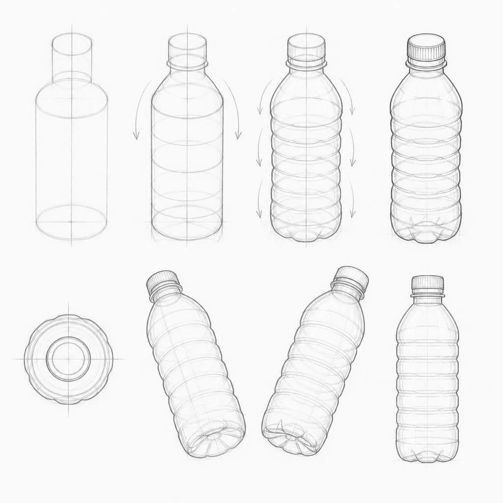 Reference pencil sketch demonstrating how to draw a water bottle