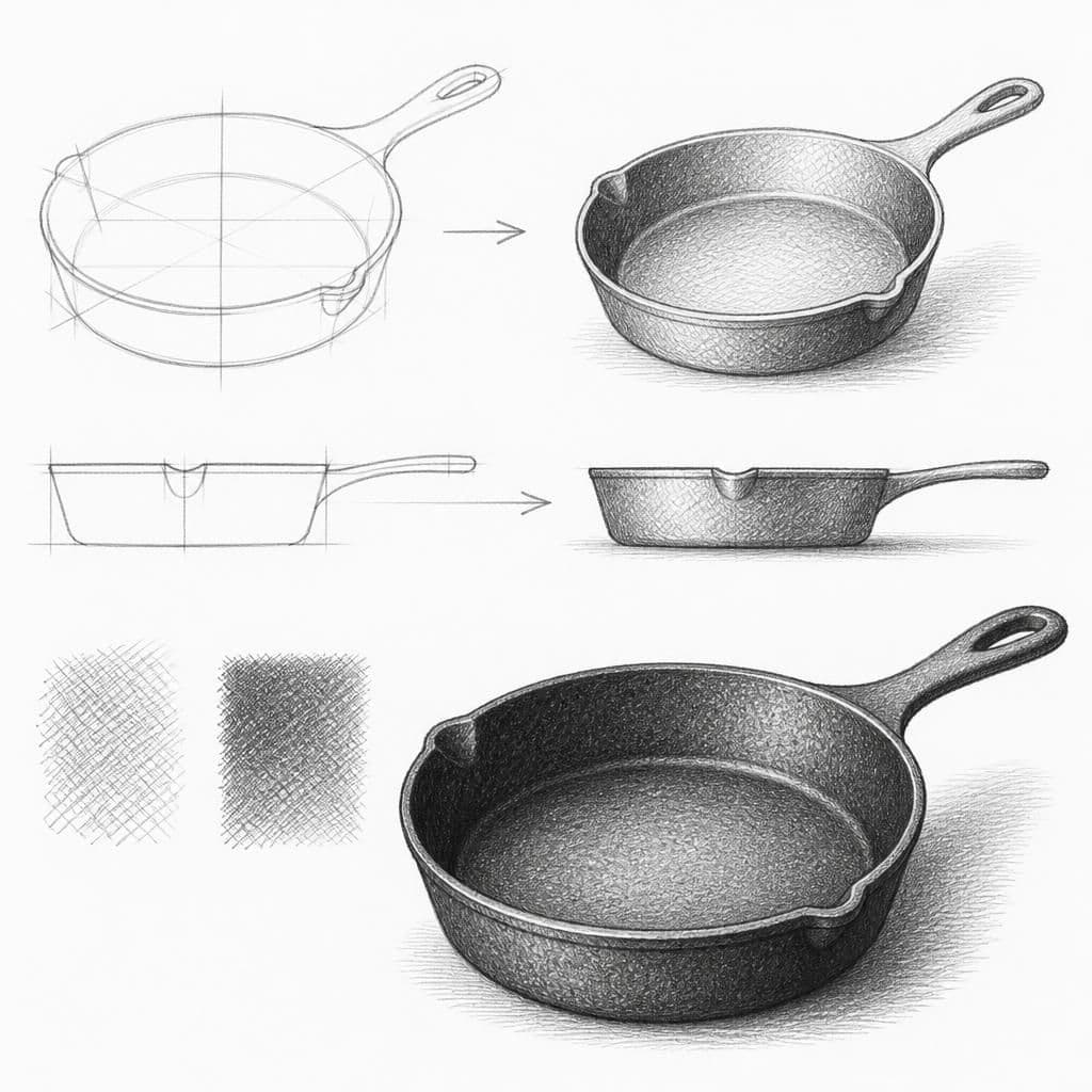 Reference pencil sketch demonstrating how to draw a cast iron skillet