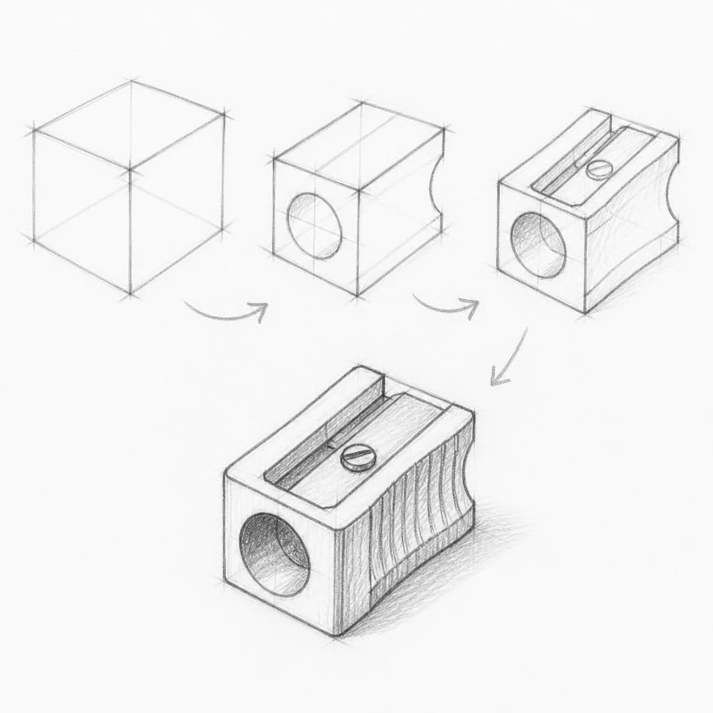 Reference pencil sketch demonstrating how to draw a pencil sharpener