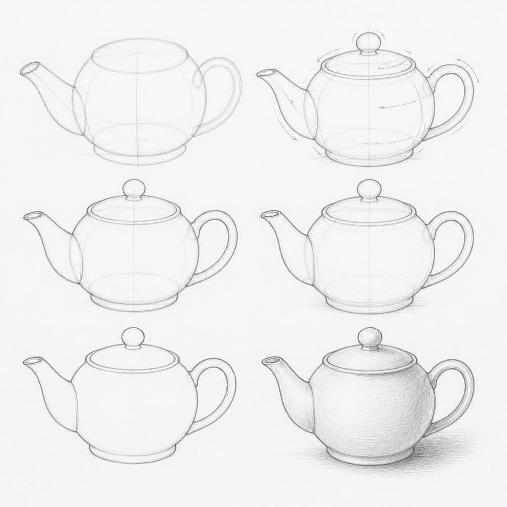 Reference pencil sketch demonstrating how to draw a ceramic teapot