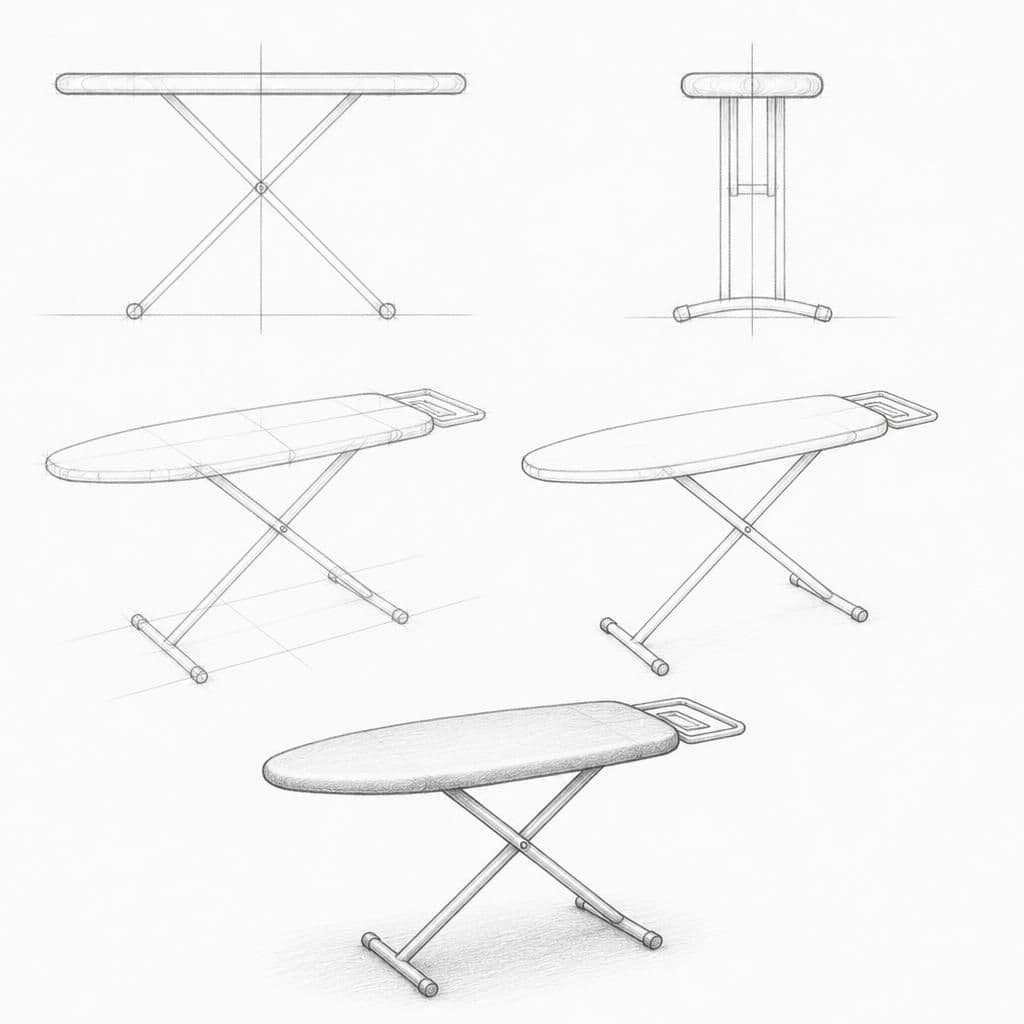 Reference pencil sketch demonstrating how to draw an ironing board