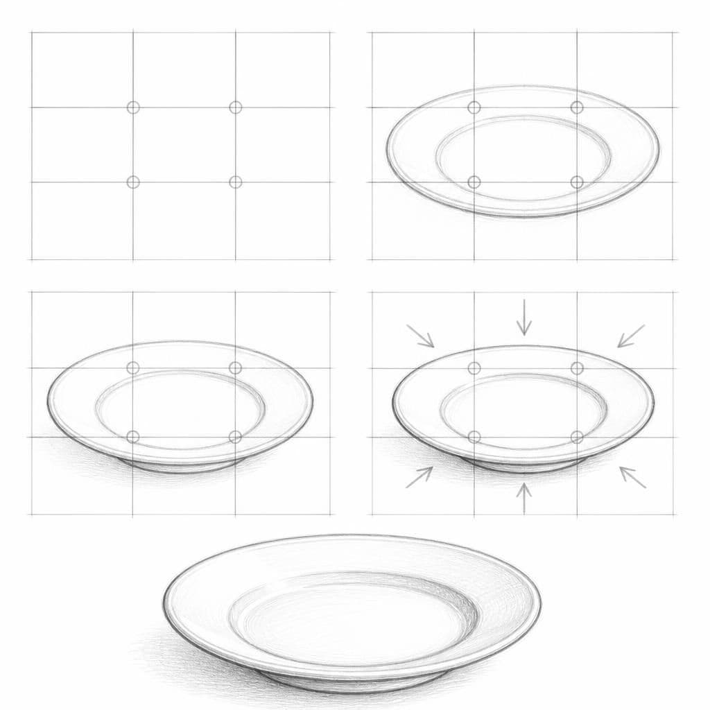 Reference pencil sketch demonstrating how to draw a ceramic plate