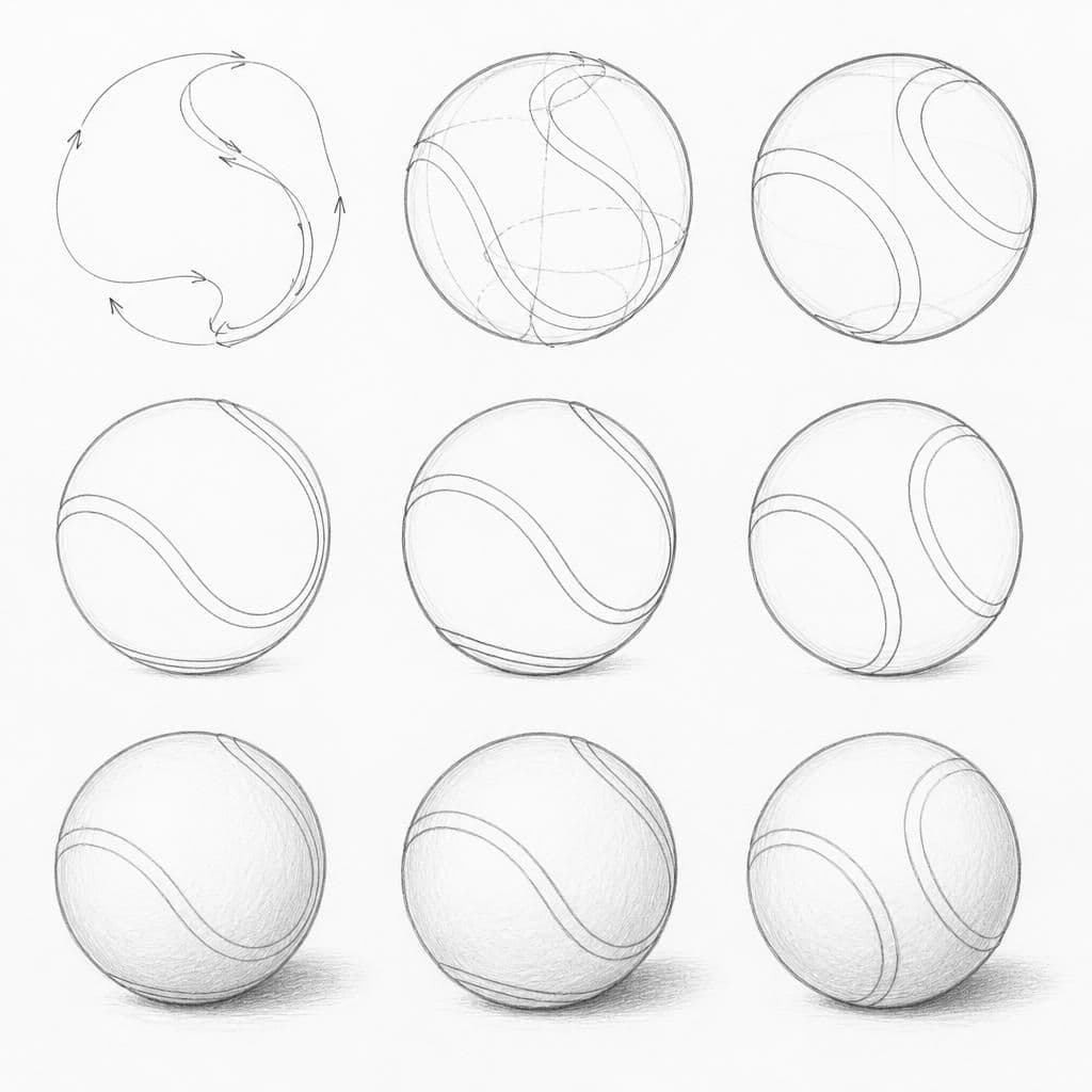 Reference pencil sketch demonstrating how to draw a rubber ball