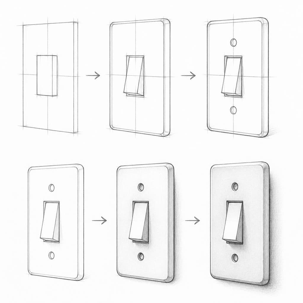 Reference pencil sketch demonstrating how to draw a light switch