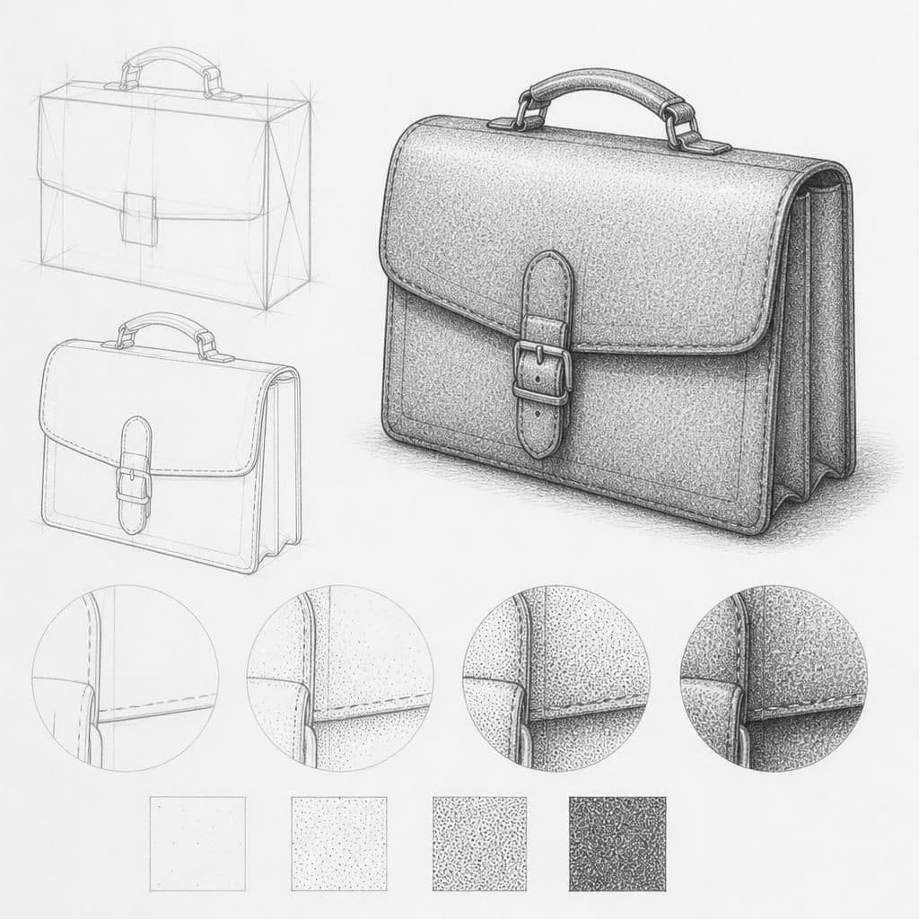 Reference pencil sketch demonstrating how to draw a leather briefcase