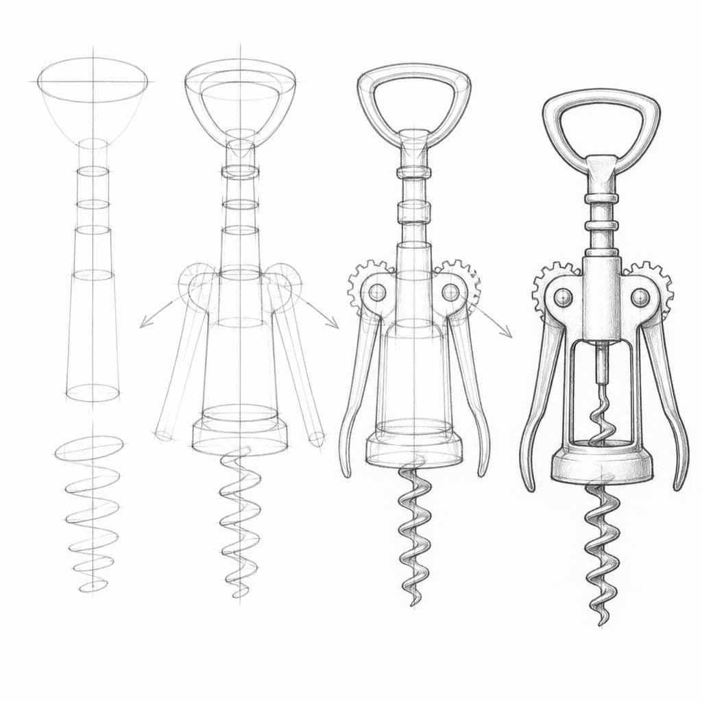 Reference pencil sketch demonstrating how to draw a corkscrew