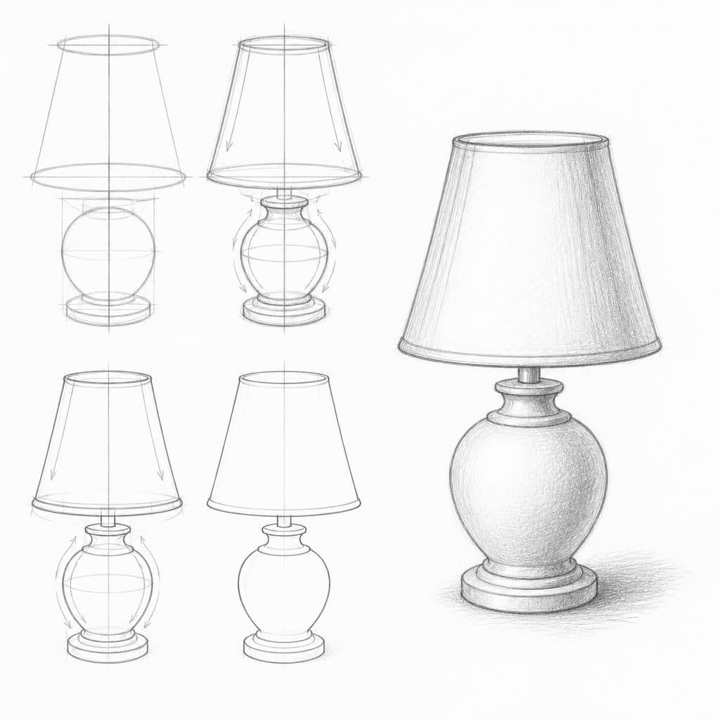 Reference pencil sketch demonstrating how to draw a table lamp