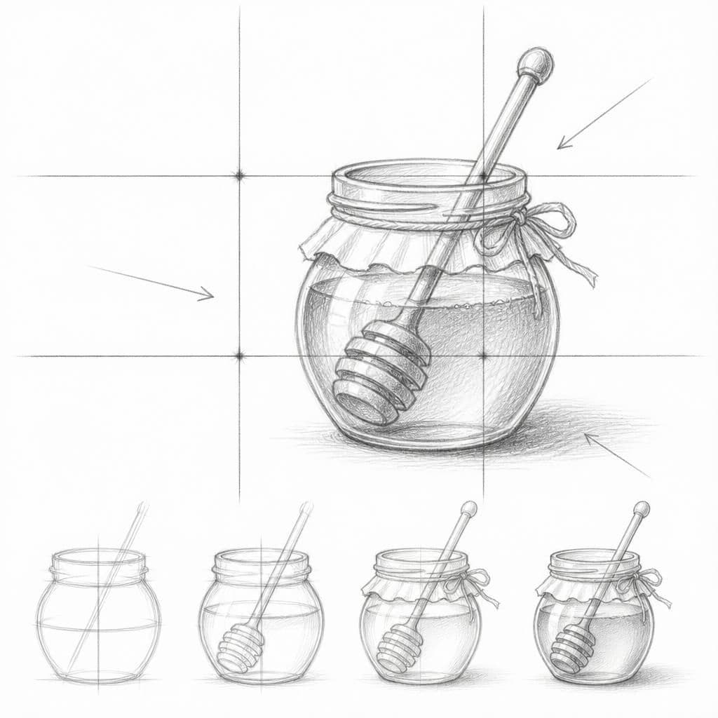 Reference pencil sketch demonstrating how to draw a jar of honey
