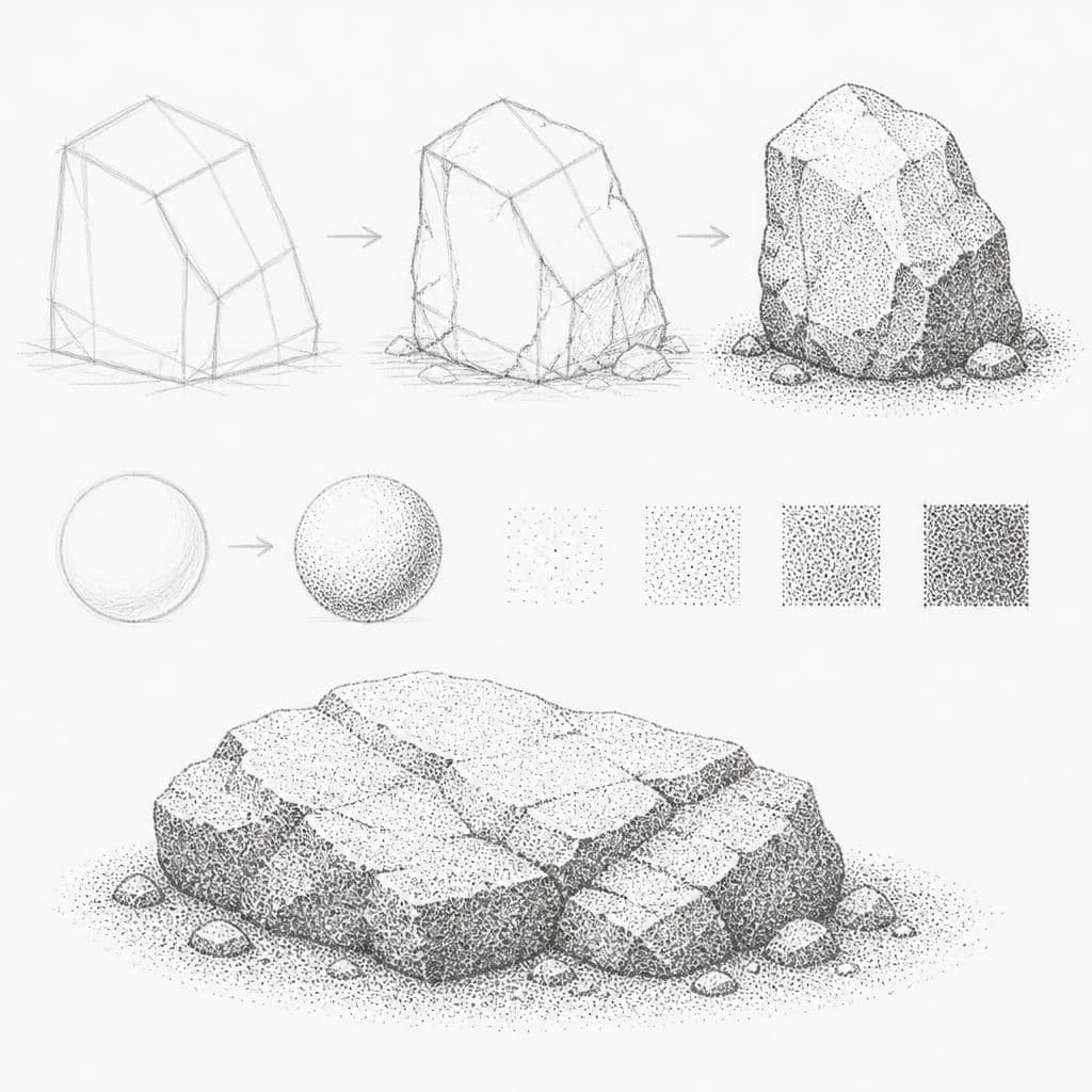 Reference pencil sketch demonstrating how to draw a rocky surface