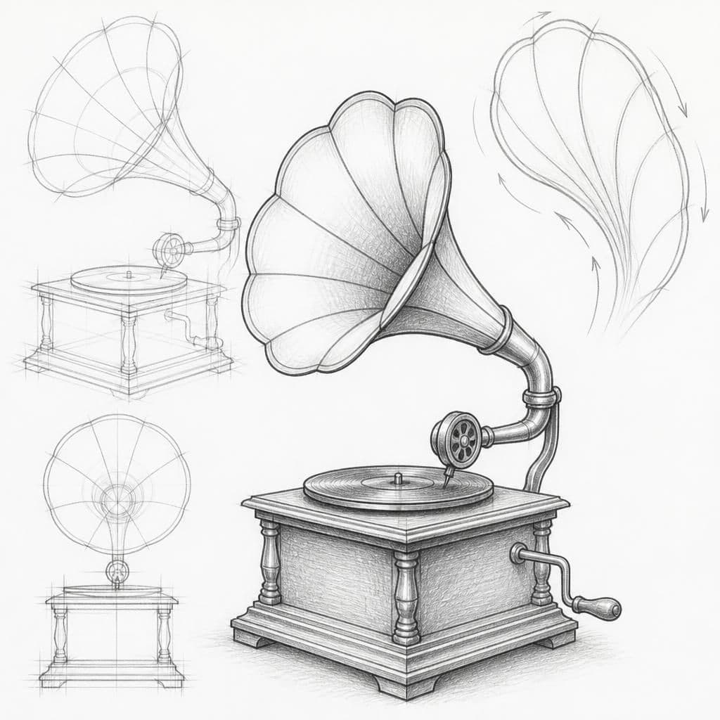 Reference pencil sketch demonstrating how to draw a vintage gramophone