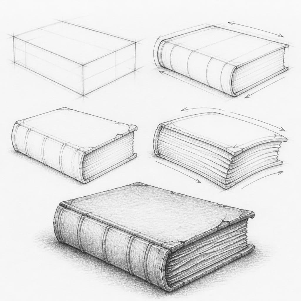 Reference pencil sketch demonstrating how to draw an old book
